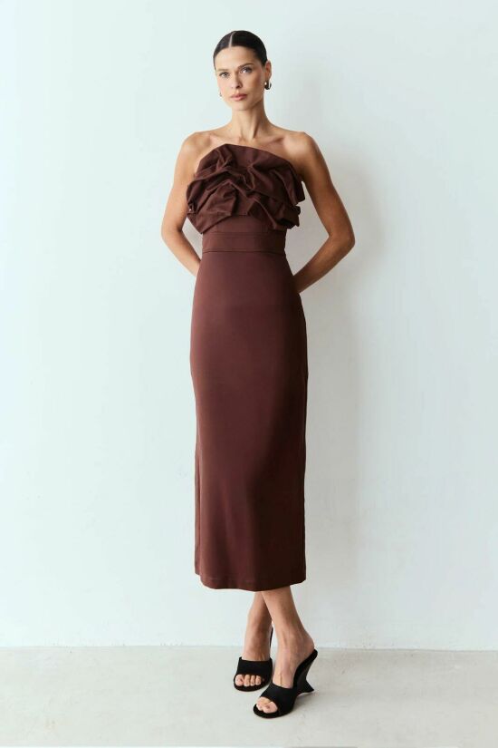 Imagem de Vestido Mídi Sobreposição Drapeada Decote Marrom Escuro Zen